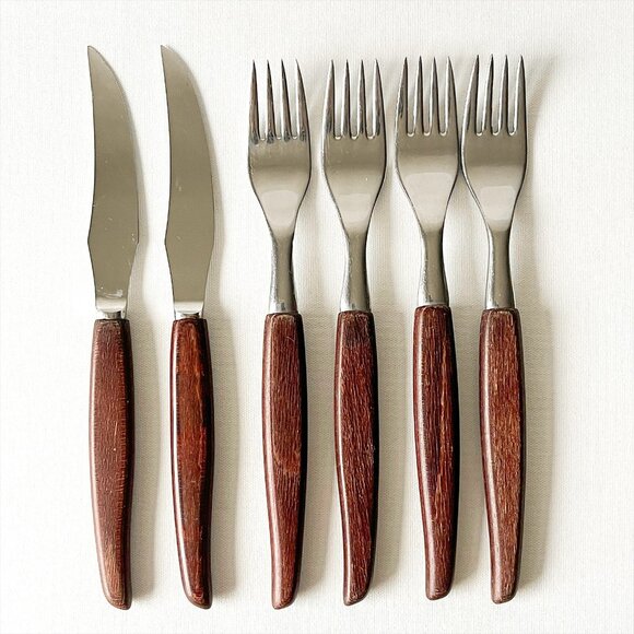 Vintage Sheffield England Set 6 MCM Dinner Forks & Steak Knives Wood Handle - Picture 1 of 7